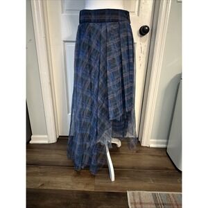 Beulah Style Designer Blue Plaid Tull Asymmetrical Maxi Skirt Size Medium